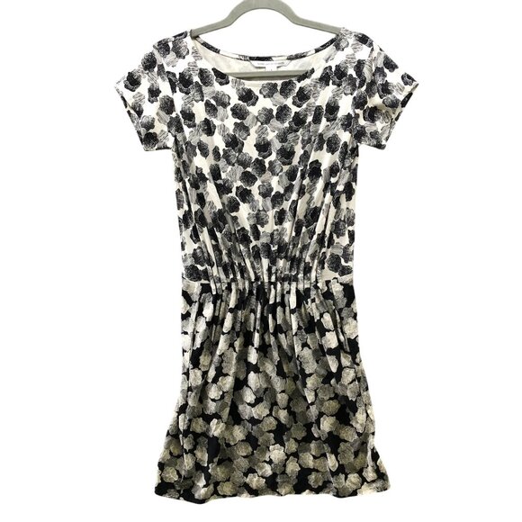 Diane Von Furstenberg DVF Mini Dress Size 4 Printed Silk Black Ivory Boat Neck - Picture 1 of 12